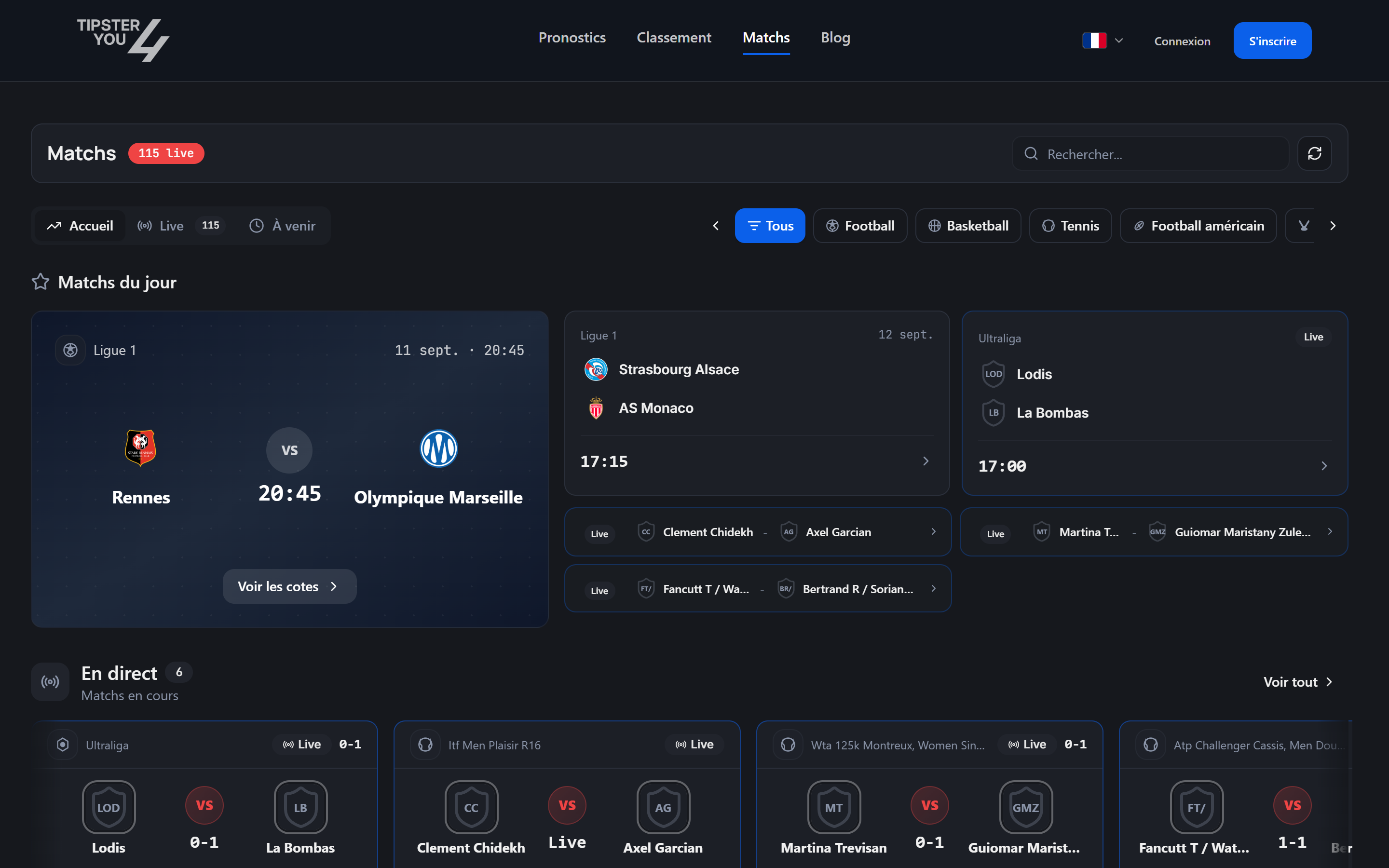 Page Matchs et cotes en direct