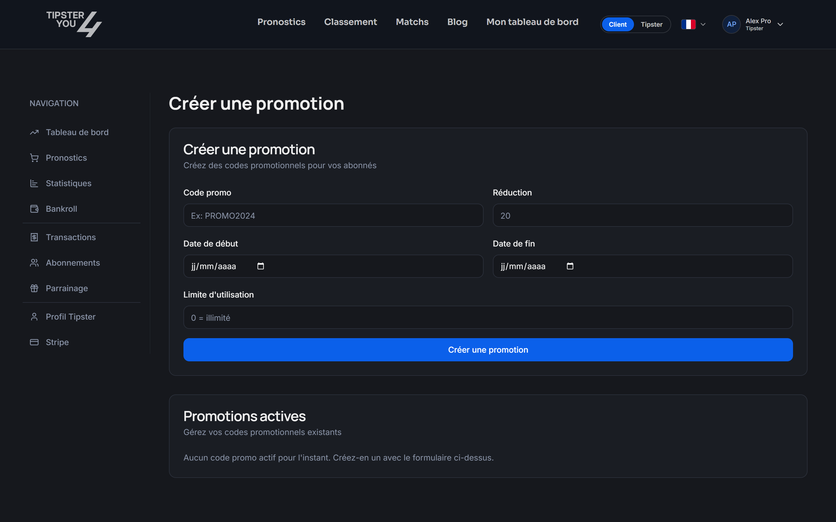 Page Créer une promotion