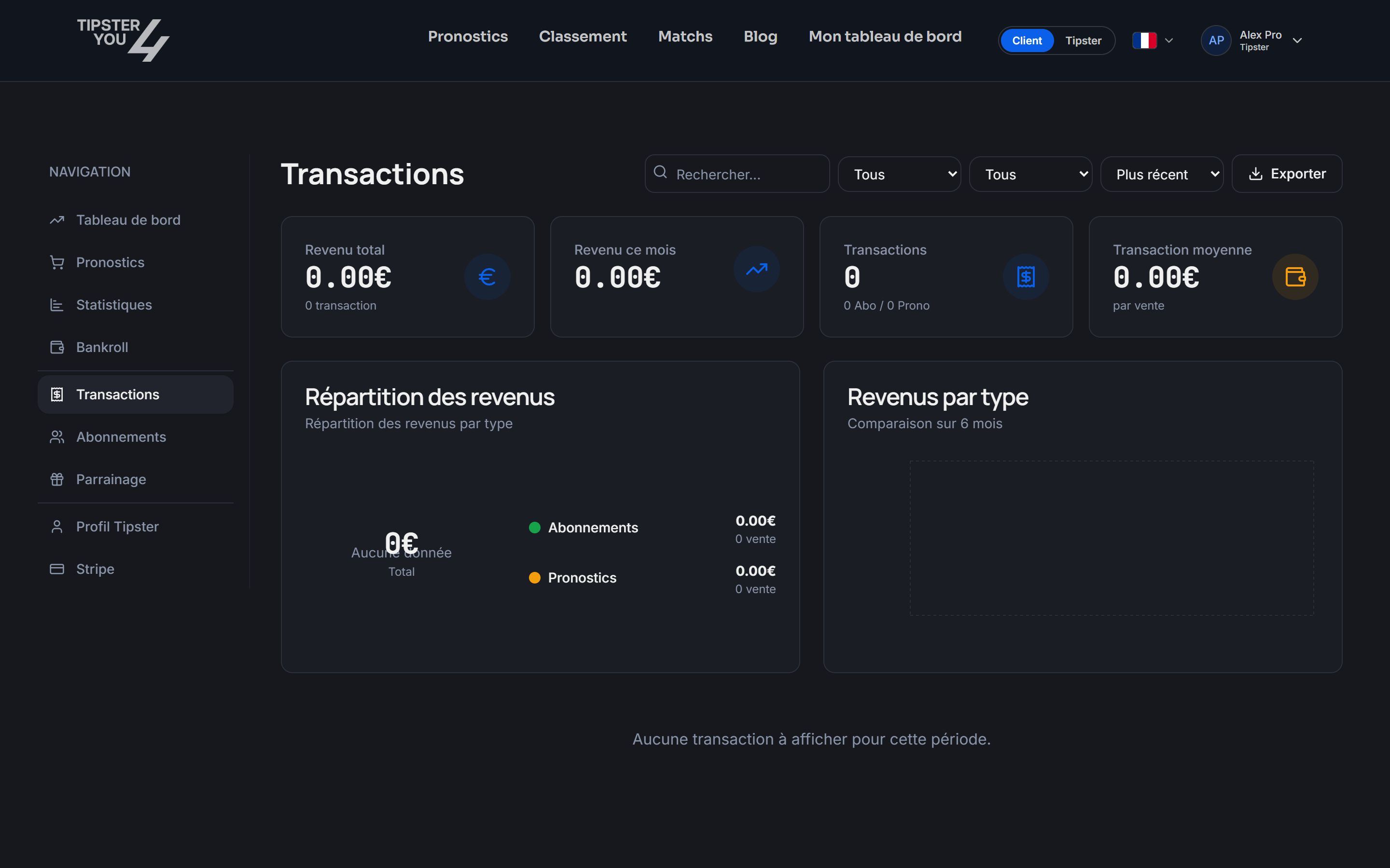 Transactions tab of the tipster area