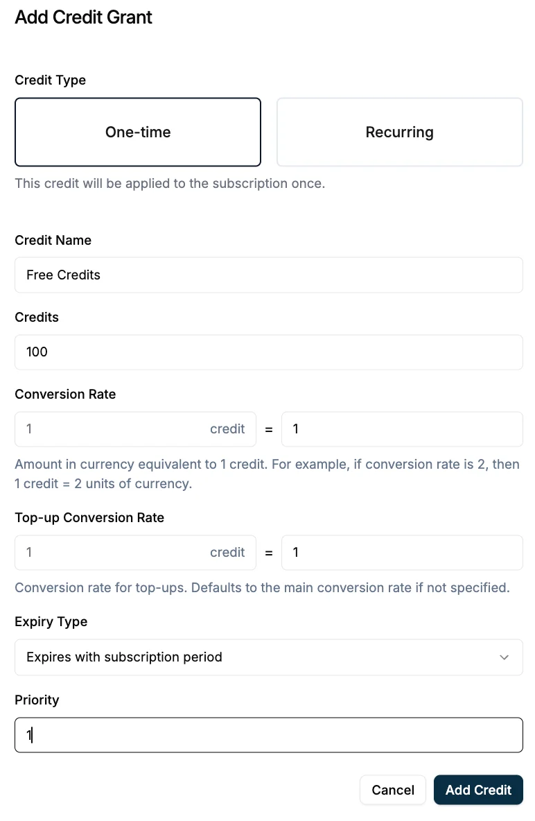 Add Subscription and credit grants