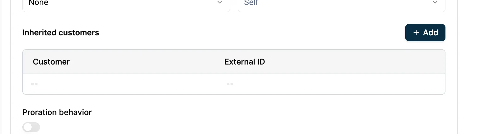 Subscription create form showing Customer Hierarchy section with child customer IDs