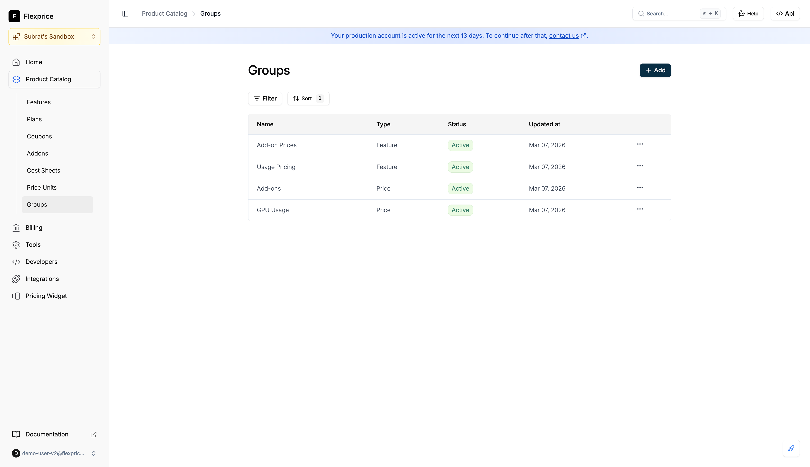 Groups list — feature groups