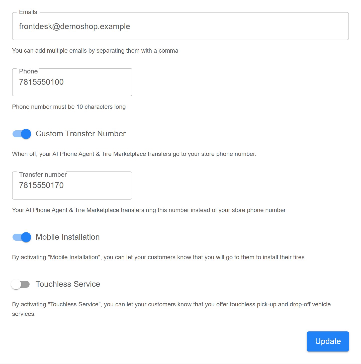 Shop settings showing the Custom Transfer Number toggle switched on and a Transfer number field holding a ten-digit number, with the helper text about AI Phone Agent and Tire Marketplace transfers below it