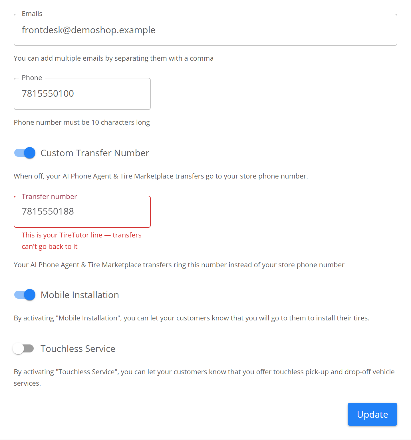 Shop settings with the Transfer number field outlined in red and the message This is your TireTutor line — transfers can't go back to it beneath it