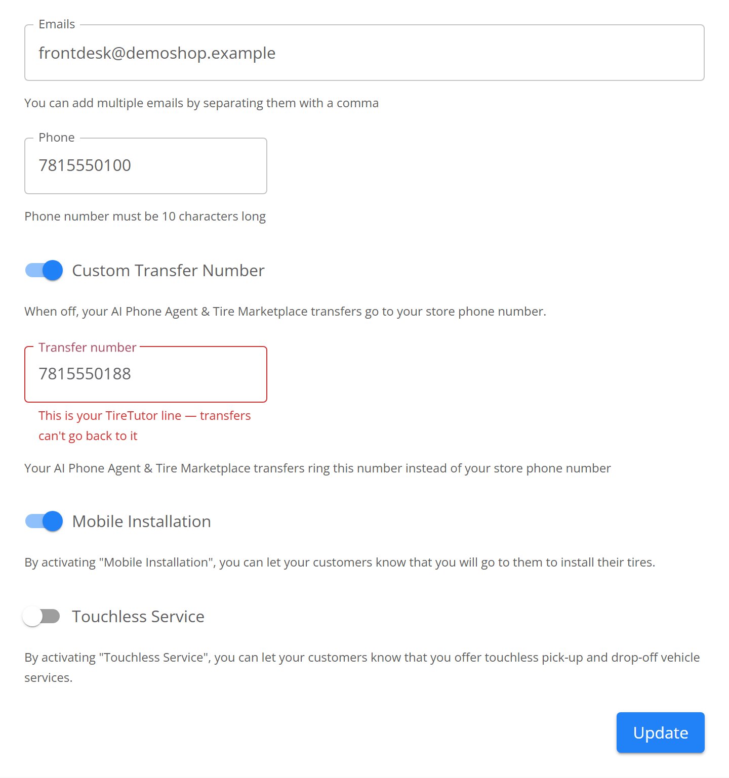 Shop settings with the Transfer number field outlined in red and the message This is your TireTutor line — transfers can't go back to it beneath it