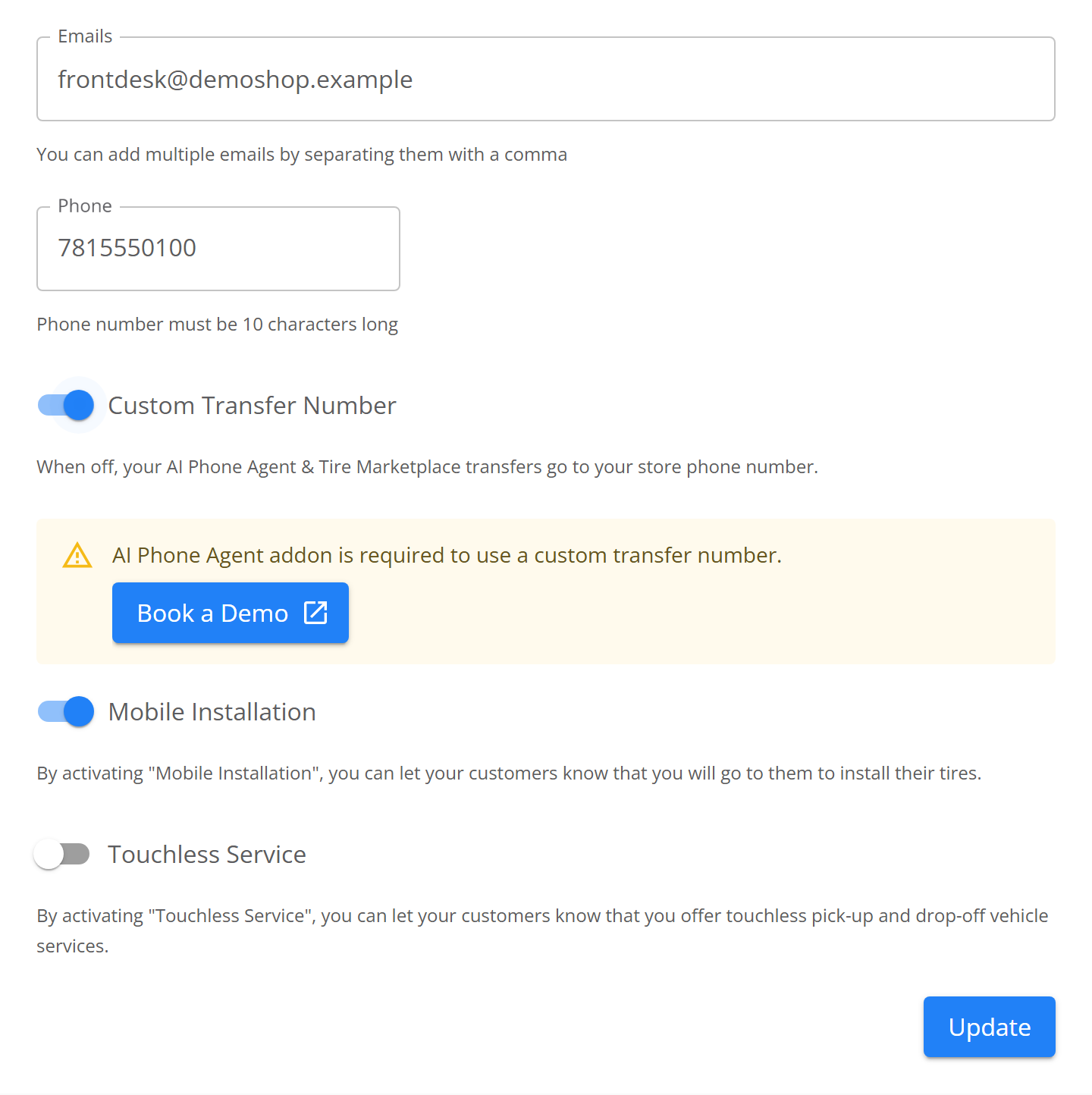Shop settings with the Custom Transfer Number toggle on, and an amber panel reading AI Phone Agent addon is required to use a custom transfer number, above a blue Book a Demo button