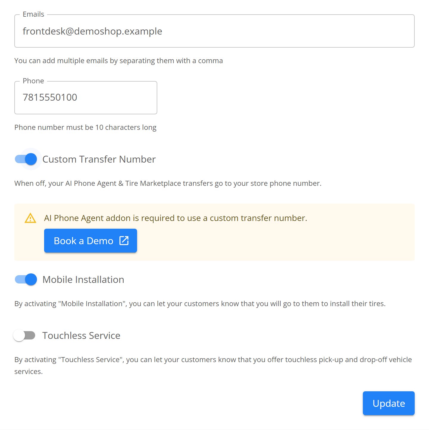 Shop settings with the Custom Transfer Number toggle on, and an amber panel reading AI Phone Agent addon is required to use a custom transfer number, above a blue Book a Demo button