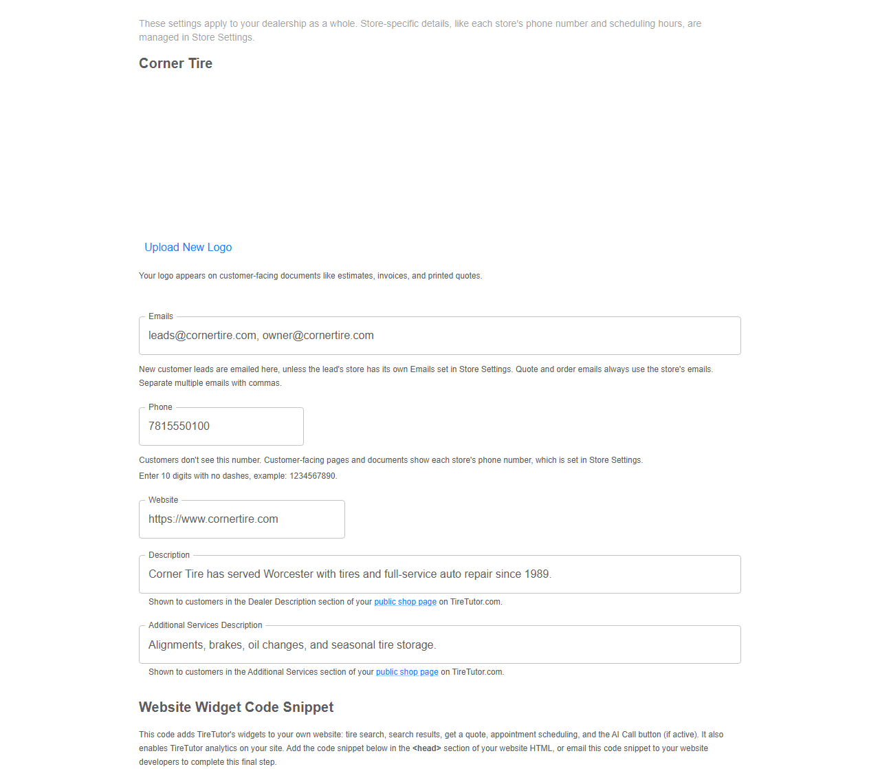 Business settings for a dealership, showing Upload New Logo, Emails, Phone, Website, Description and Additional Services Description, most of them with a line beneath explaining what the field drives, above the Website Widget Code Snippet section
