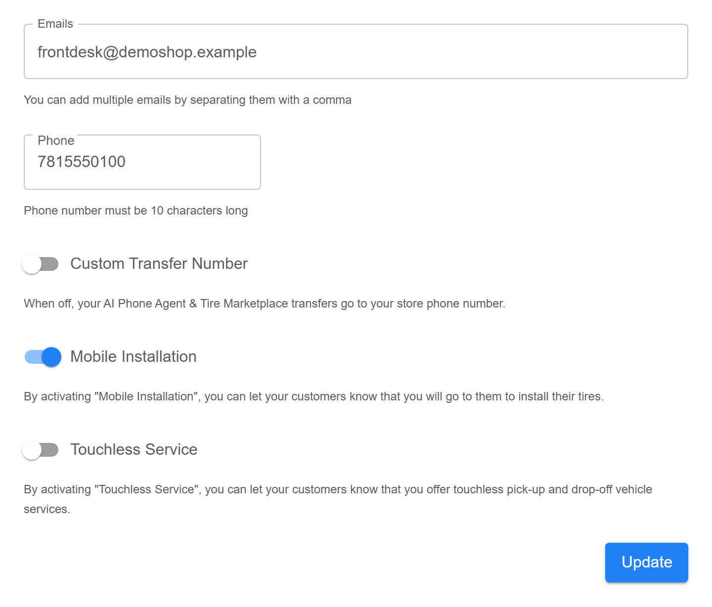 Shop settings form showing Emails, Phone, a Custom Transfer Number toggle turned off, Mobile Installation turned on, Touchless Service turned off, and an Update button