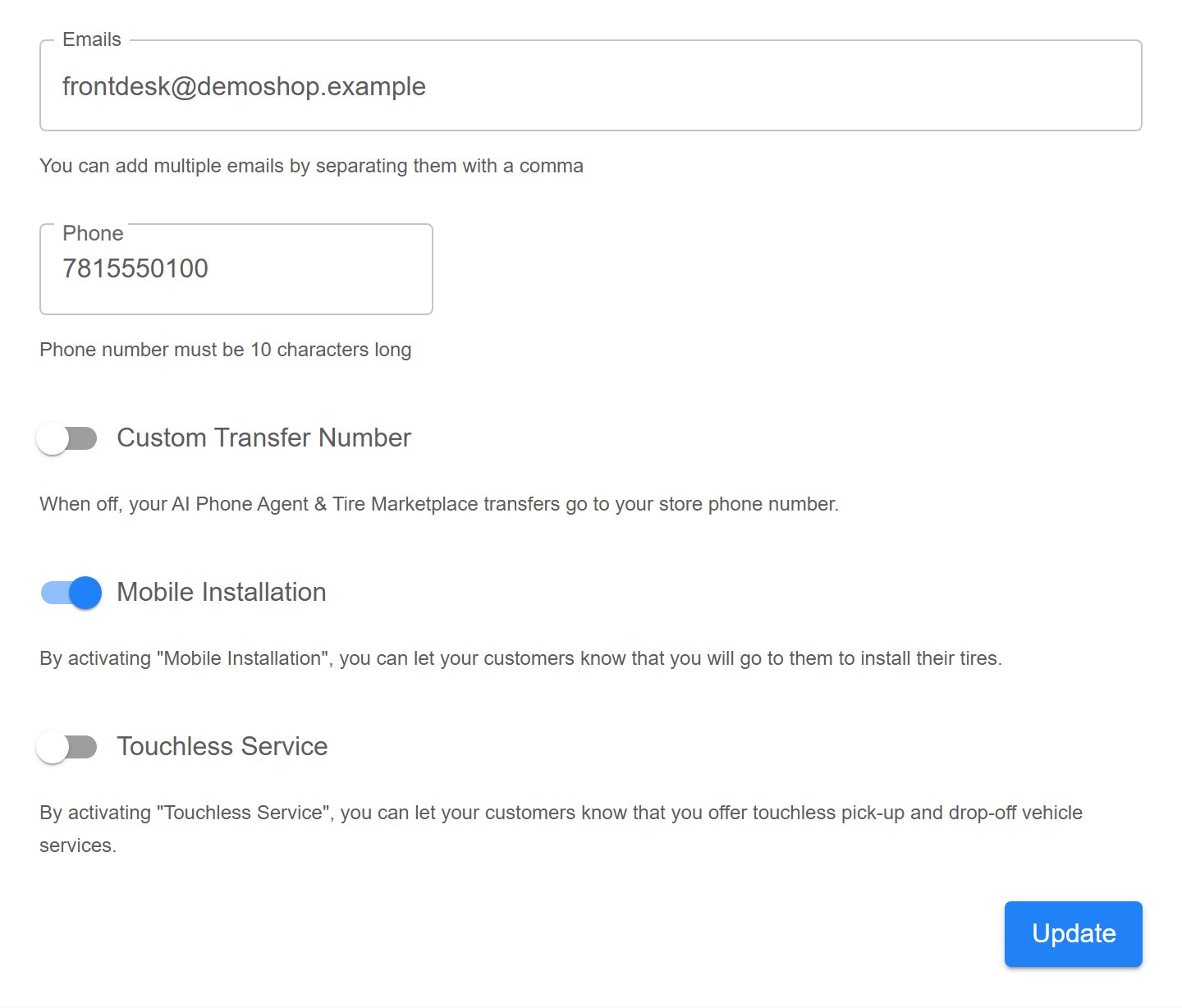 Shop settings form showing Emails, Phone, a Custom Transfer Number toggle turned off, Mobile Installation turned on, Touchless Service turned off, and an Update button