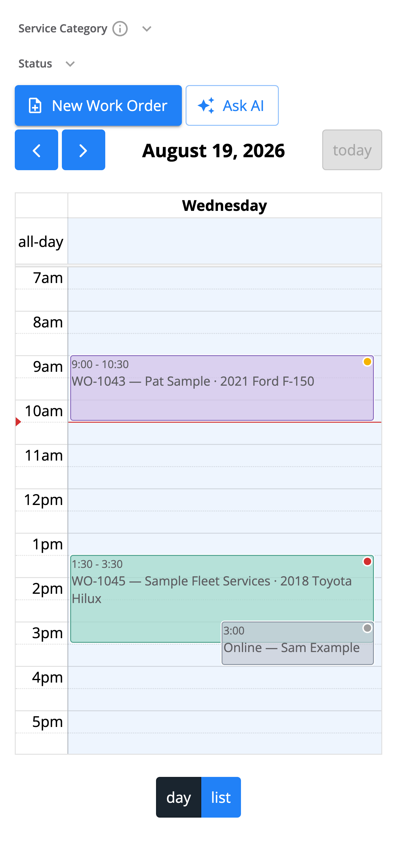 Scheduler on a phone showing a single Wednesday column with appointment blocks, collapsed Service Category and Status keys at the top, and a day and list switcher at the bottom.