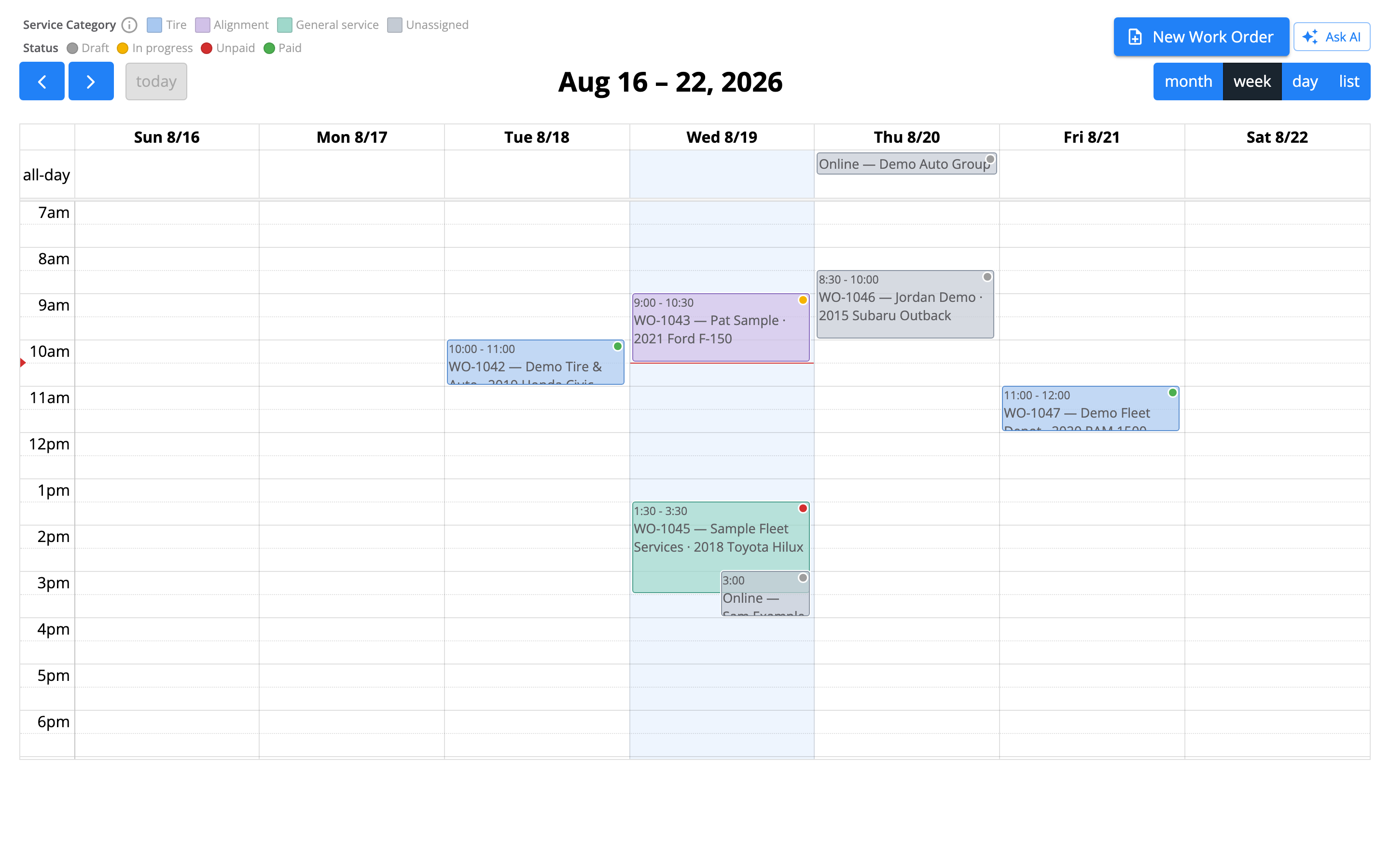 Scheduler week view for Aug 16 to 22. Appointments appear as colored blocks across Tuesday to Friday, each with a small status dot, under keys listing Tire, Alignment, General service and Unassigned.