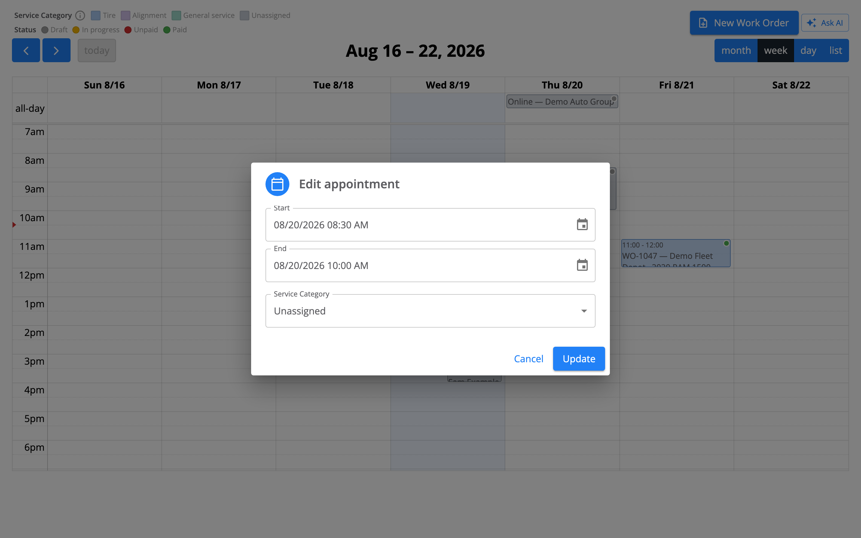 Edit appointment dialog with Start and End date-time fields and a Service Category dropdown reading Unassigned, above Cancel and Update buttons.