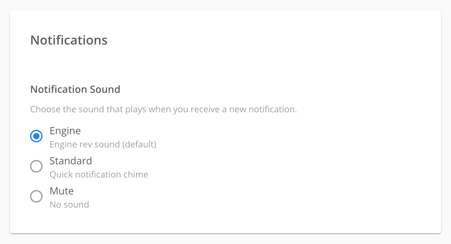 Notifications settings page with three radio options under Notification Sound: Engine, Standard and Mute. The Engine option, labeled Engine rev sound (default), has the filled radio.