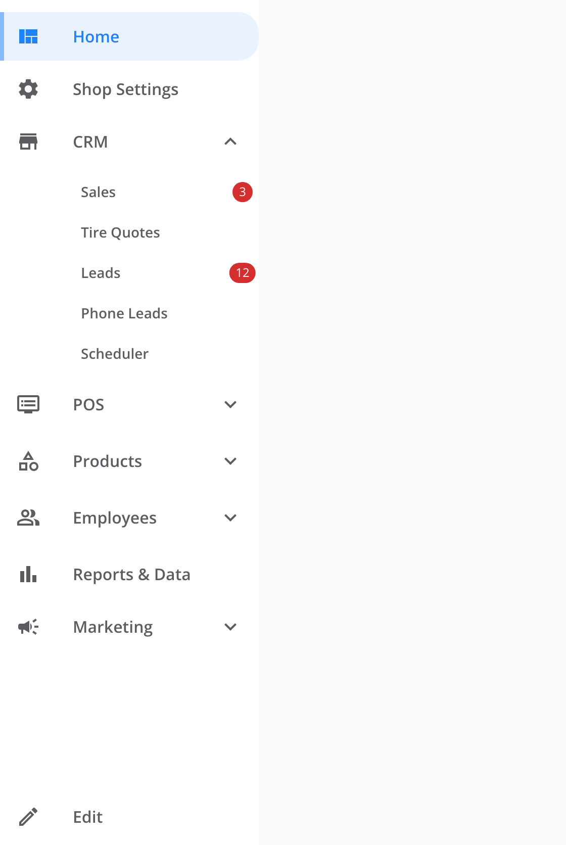The sidebar with the CRM group expanded. Sales carries a red badge reading 3 and Leads carries a red badge reading 12. Tire Quotes, Phone Leads and Scheduler have no badge.
