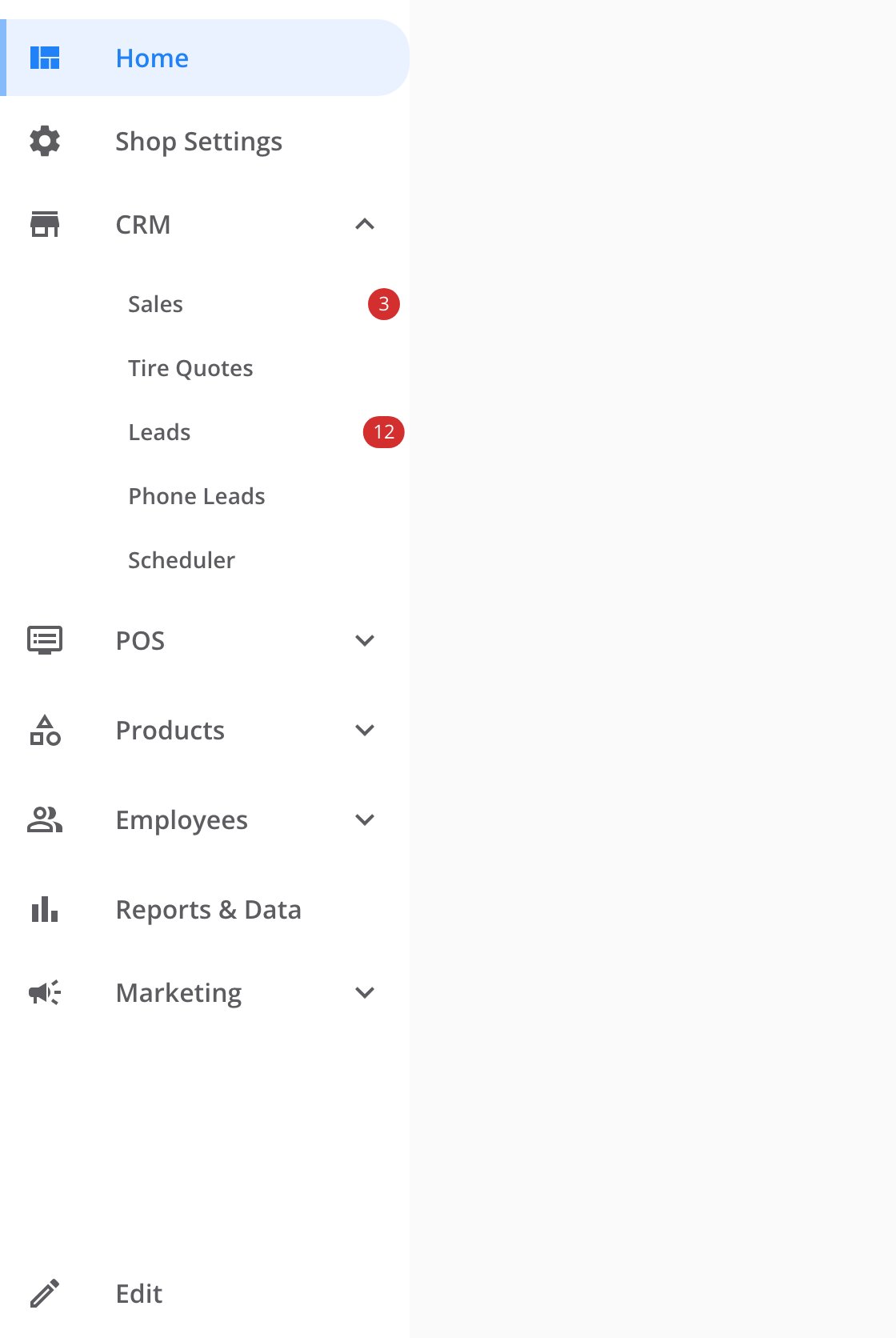 The sidebar with the CRM group expanded. Sales carries a red badge reading 3 and Leads carries a red badge reading 12. Tire Quotes, Phone Leads and Scheduler have no badge.
