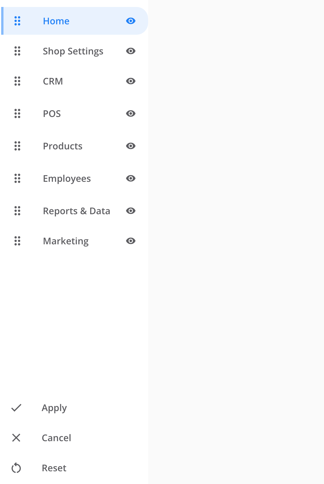 The sidebar in edit mode. Eight top-level items from Home to Marketing. Each item has a drag handle on the left and an eye icon on the right. Apply, Cancel and Reset at the bottom.