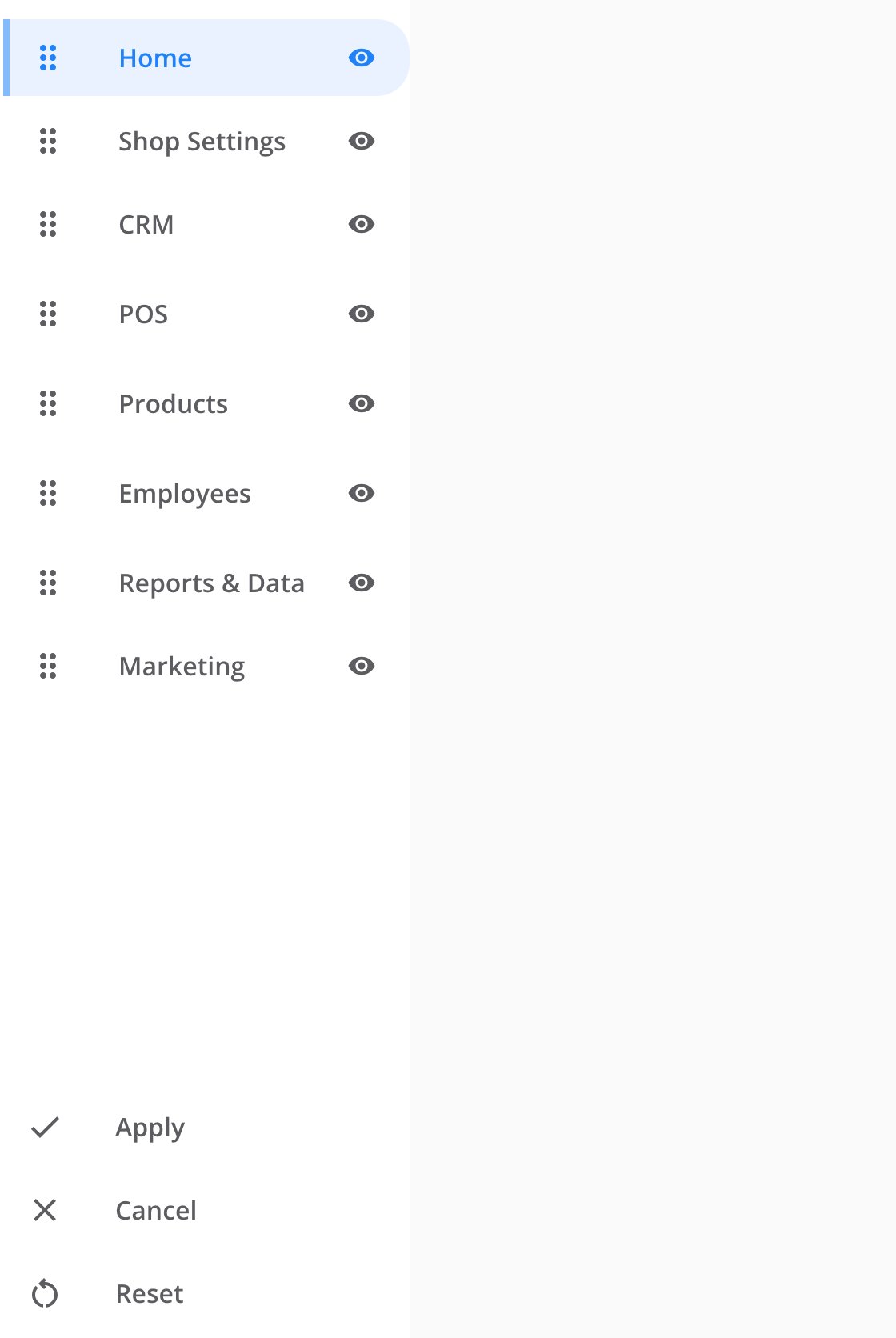 The sidebar in edit mode. Eight top-level items from Home to Marketing. Each item has a drag handle on the left and an eye icon on the right. Apply, Cancel and Reset at the bottom.