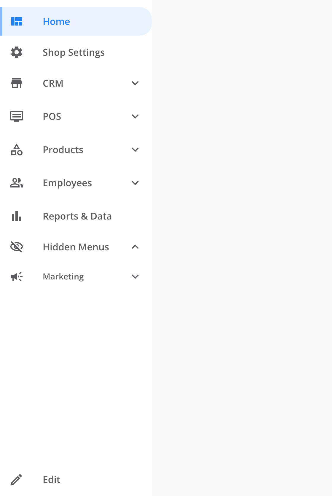 The sidebar in view mode. Below Reports & Data, an open Hidden Menus item with a crossed-out eye icon lists Marketing. Edit sits at the bottom.