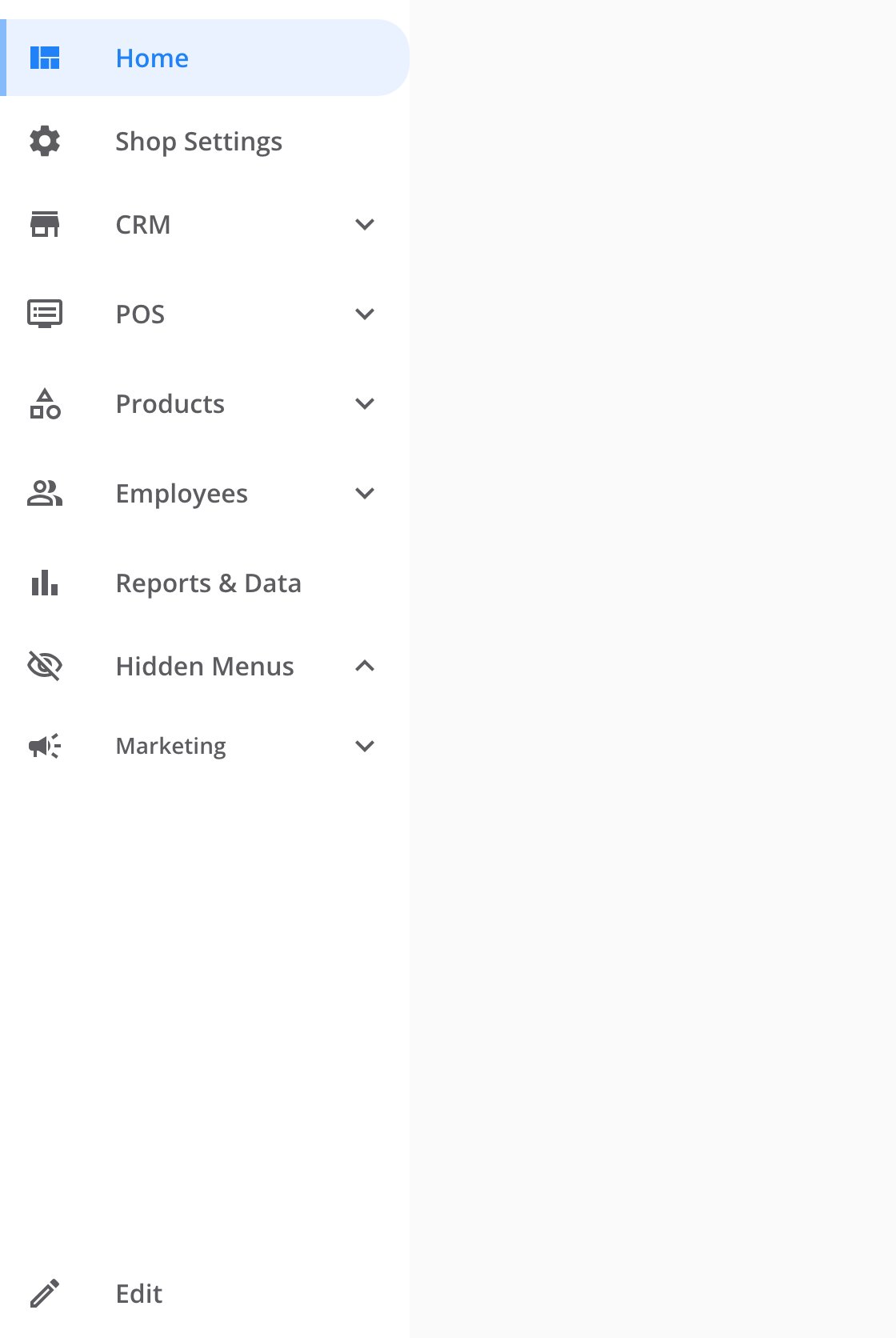 The sidebar in view mode. Below Reports & Data, an open Hidden Menus item with a crossed-out eye icon lists Marketing. Edit sits at the bottom.