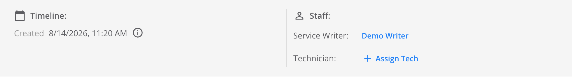 Order header with Timeline on the left and Staff on the right. The Service Writer row shows the name Demo Writer. The Technician row shows an Assign Tech control.