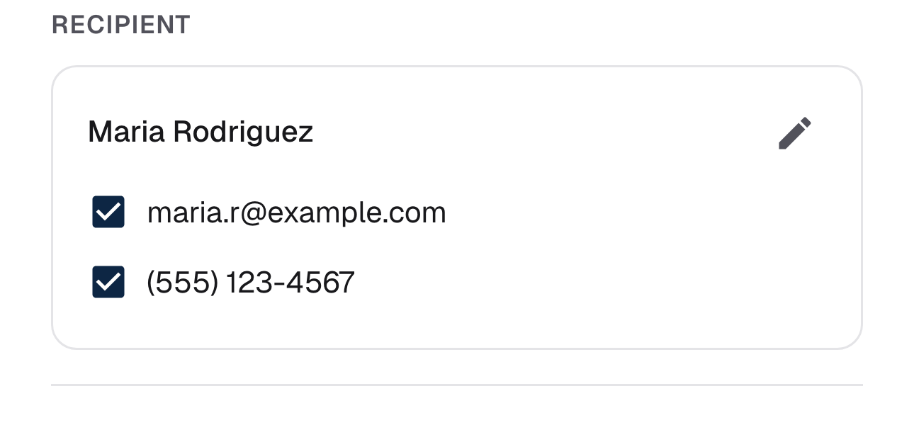 The Recipient section of the send step. A card shows the customer name Maria Rodriguez with an edit pencil. Below it are two selected checkboxes, one beside the email address and one beside the phone number.