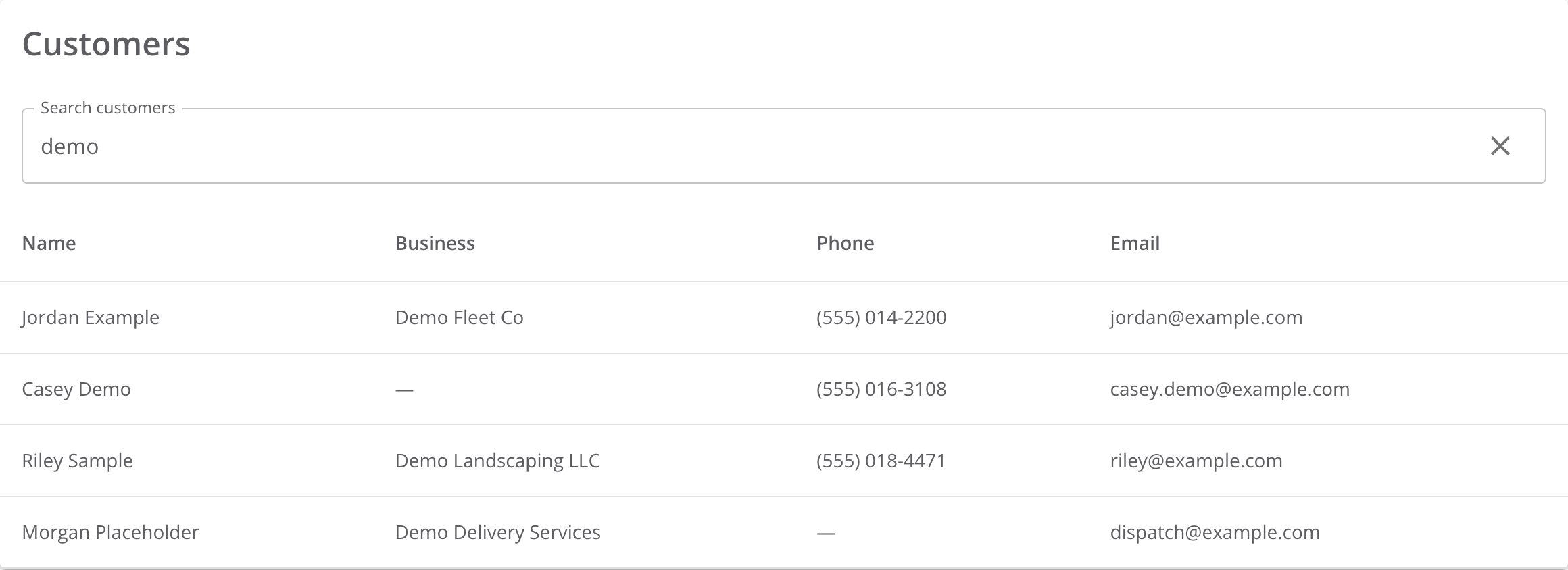 The Customers page with demo typed in Search customers. The list shows four customers with their Name, Business, Phone and Email.
