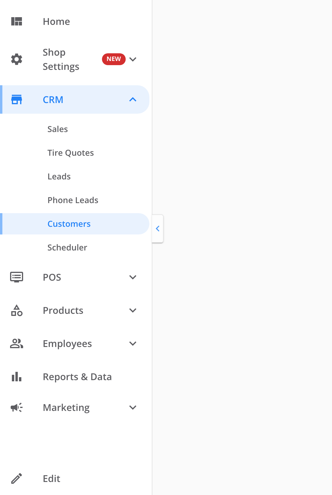 The dashboard side menu with CRM open. Under it are Sales, Tire Quotes, Leads, Phone Leads, Customers and Scheduler. Customers is selected.
