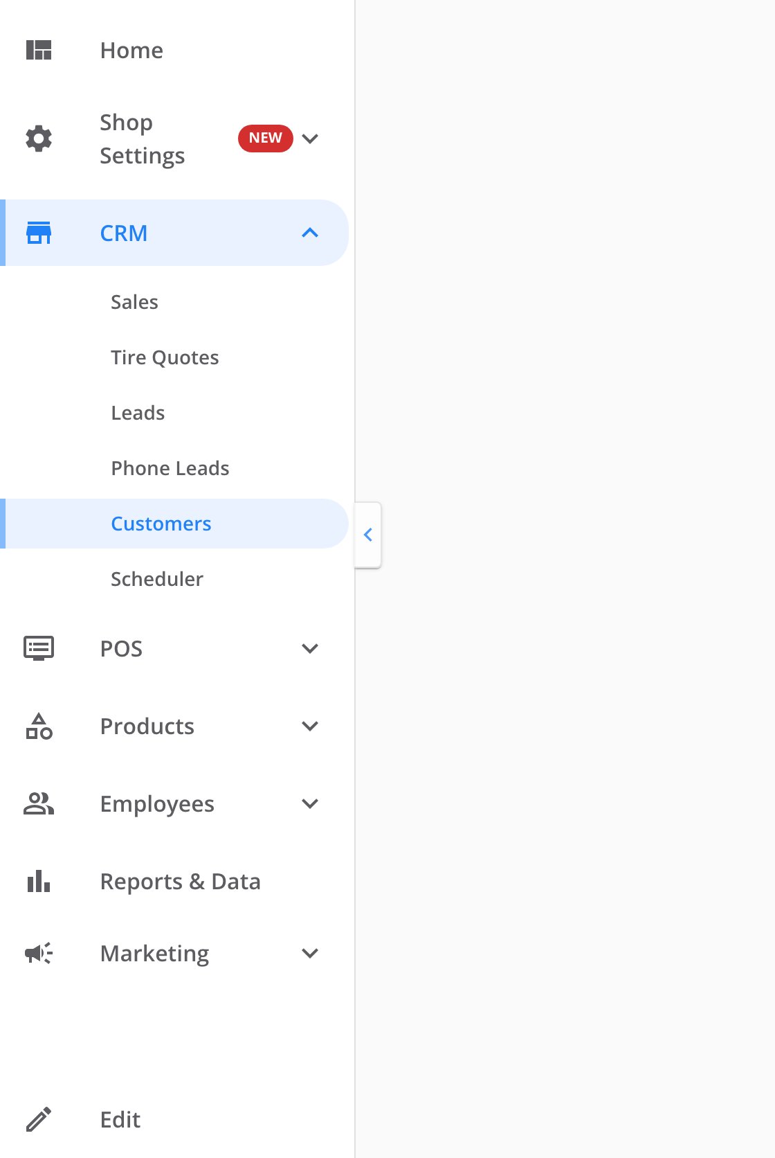 The dashboard side menu with CRM open. Under it are Sales, Tire Quotes, Leads, Phone Leads, Customers and Scheduler. Customers is selected.