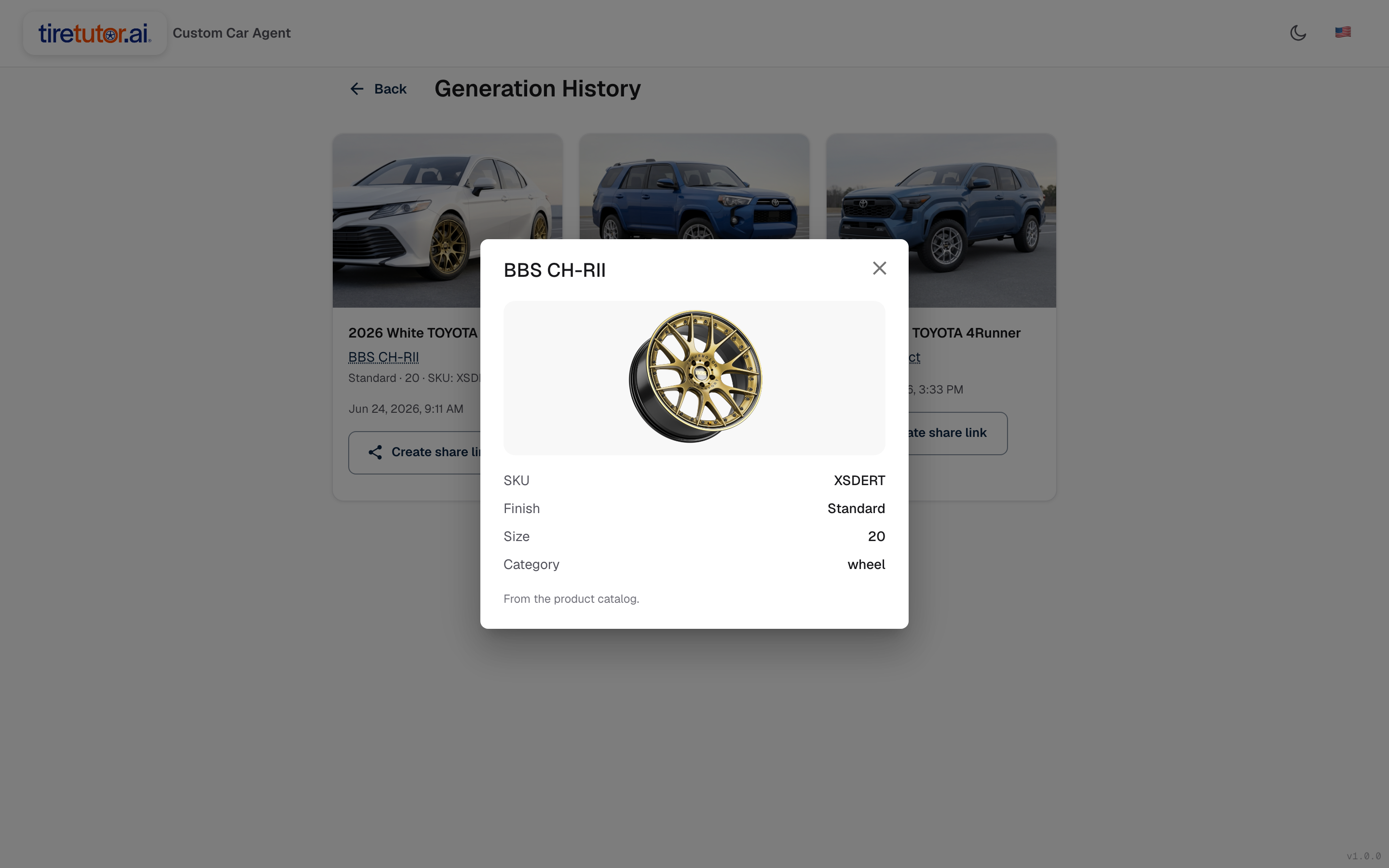 Custom Car Agent generation history with a product detail panel showing a wheel's SKU, finish, size, and category