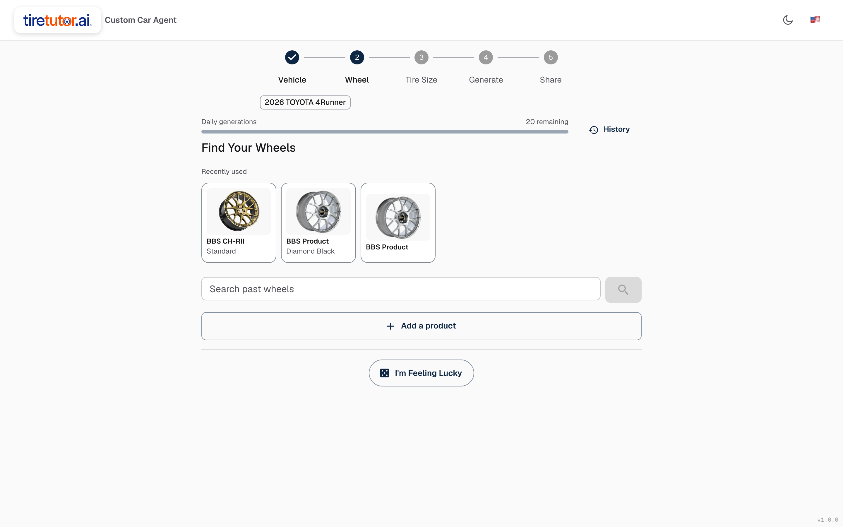 Custom Car Agent Wheel step showing recently used wheels, a search box, an Add a product button, and an I'm Feeling Lucky button