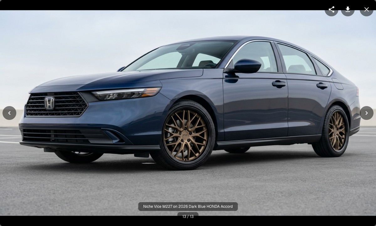 Preview of a generated visualization showing a dark blue Honda Accord with bronze mesh wheels, with share, download, and close buttons at the top, arrows on each side, and the wheel and vehicle named below the image