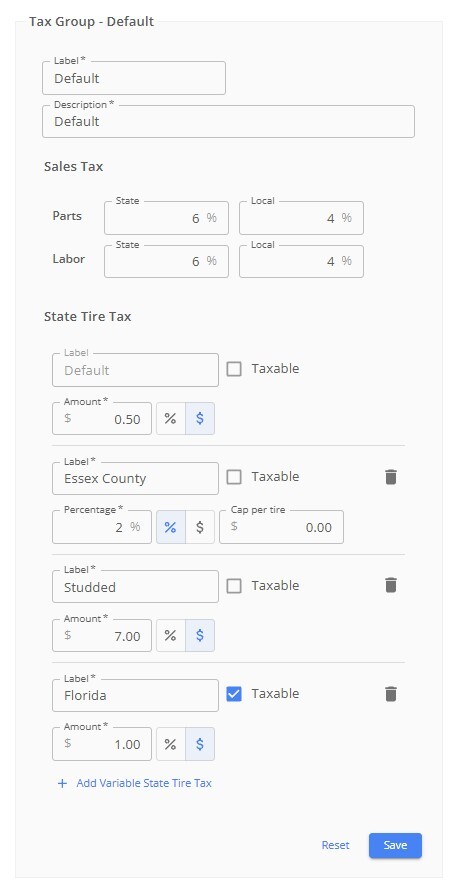 The Tax Group - Default settings panel, with Sales Tax rates of 6% state and 4% local for both Parts and Labor. Below, State Tire Tax lists four rows: Default at $0.50, Essex County at 2% with a Cap per tire field set to $0.00, Studded at $7.00, and Florida (Taxable checked) at $1.00, above an Add Variable State Tire Tax link and Reset and Save buttons.