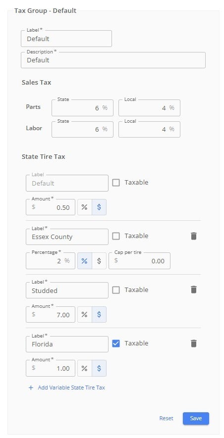 The Tax Group - Default settings panel, with Sales Tax rates of 6% state and 4% local for both Parts and Labor. Below, State Tire Tax lists four rows: Default at $0.50, Essex County at 2% with a Cap per tire field set to $0.00, Studded at $7.00, and Florida (Taxable checked) at $1.00, above an Add Variable State Tire Tax link and Reset and Save buttons.