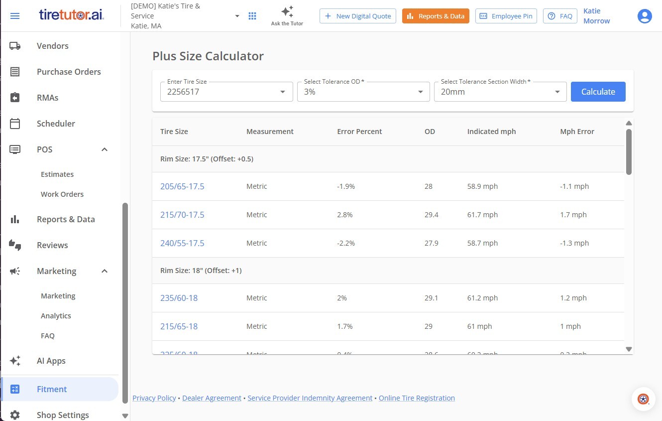The Plus Size Calculator screen, reached from Fitment in the left-hand menu. Enter Tire Size holds 2256517, Select Tolerance OD is 3% and Select Tolerance Section Width is 20mm, beside a Calculate button. The results table groups matches by rim size, with columns Tire Size, Measurement, Error Percent, OD, Indicated mph and Mph Error — under Rim Size 17.5 inch, offset plus 0.5, the row 205/65-17.5 reads -1.9%, OD 28, 58.9 mph and -1.1 mph.