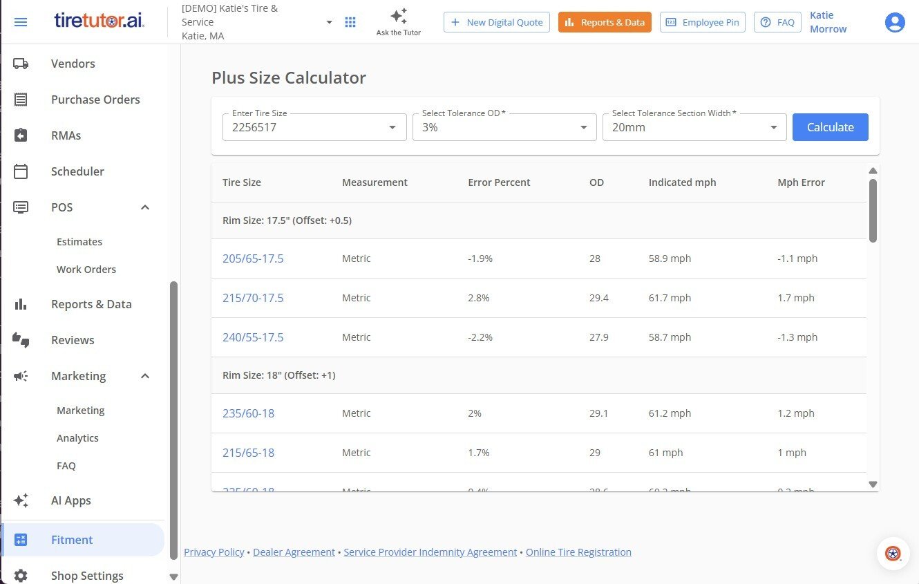 The Plus Size Calculator screen, reached from Fitment in the left-hand menu. Enter Tire Size holds 2256517, Select Tolerance OD is 3% and Select Tolerance Section Width is 20mm, beside a Calculate button. The results table groups matches by rim size, with columns Tire Size, Measurement, Error Percent, OD, Indicated mph and Mph Error — under Rim Size 17.5 inch, offset plus 0.5, the row 205/65-17.5 reads -1.9%, OD 28, 58.9 mph and -1.1 mph.