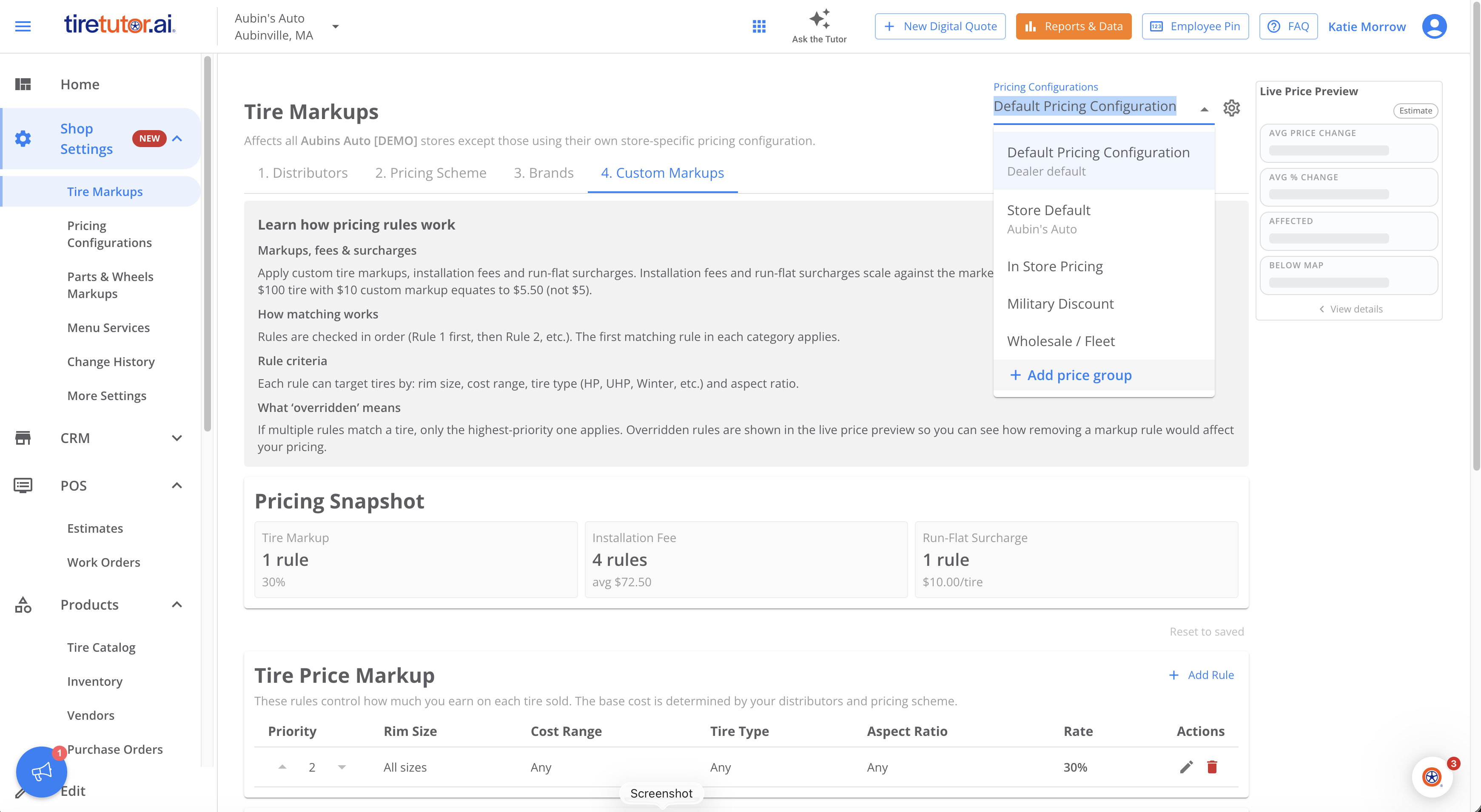 The Tire Markups screen on the 4. Custom Markups tab, with the Pricing Configurations dropdown open at the top right. The list holds Default Pricing Configuration marked Dealer default, Store Default for Aubin's Auto, In Store Pricing, Military Discount and Wholesale / Fleet, with Add price group at the bottom. Behind it the Pricing Snapshot reads Tire Markup 1 rule at 30%, Installation Fee 4 rules averaging $72.50, and Run-Flat Surcharge 1 rule at $10.00 per tire.