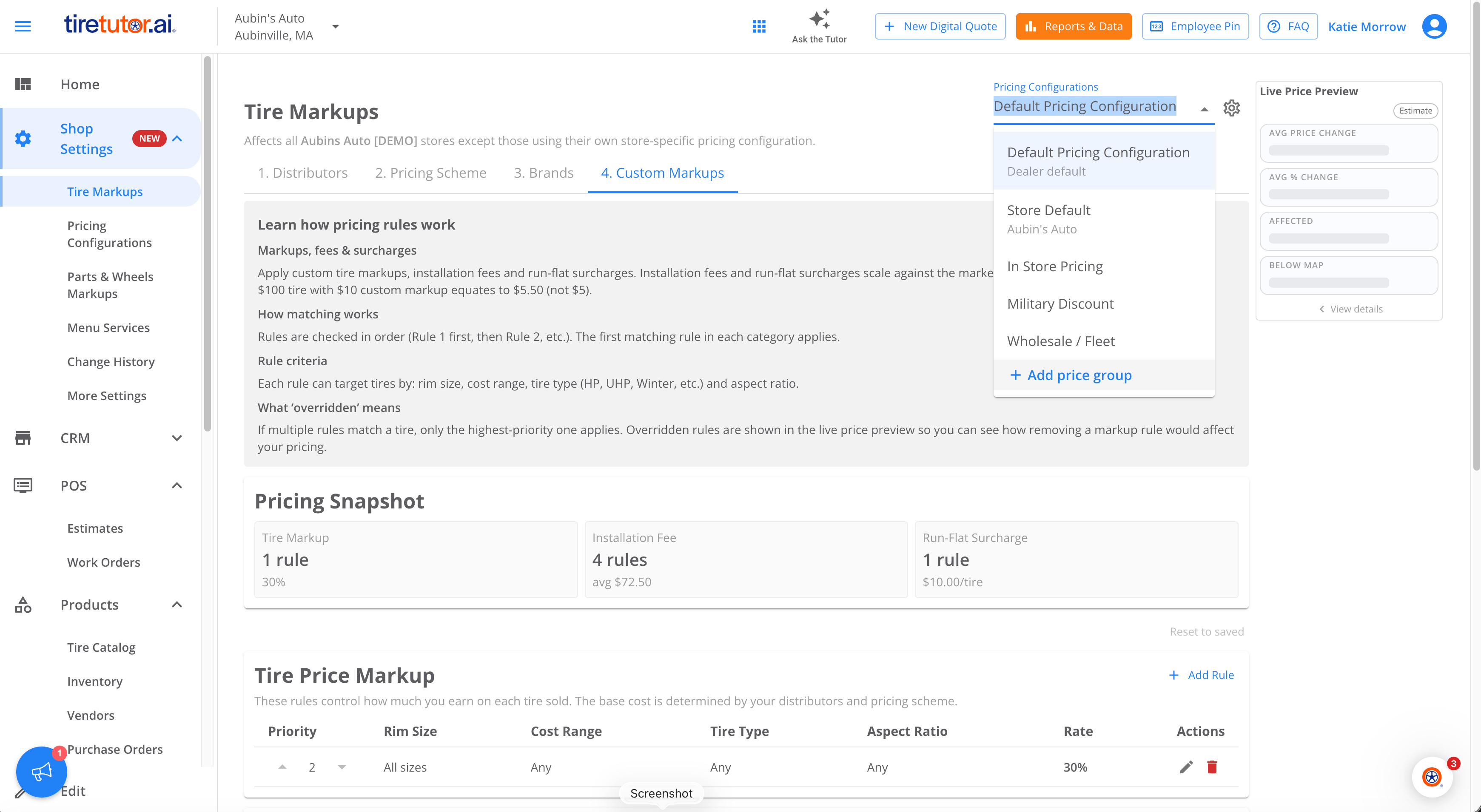 The Tire Markups screen on the 4. Custom Markups tab, with the Pricing Configurations dropdown open at the top right. The list holds Default Pricing Configuration marked Dealer default, Store Default for Aubin's Auto, In Store Pricing, Military Discount and Wholesale / Fleet, with Add price group at the bottom. Behind it the Pricing Snapshot reads Tire Markup 1 rule at 30%, Installation Fee 4 rules averaging $72.50, and Run-Flat Surcharge 1 rule at $10.00 per tire.
