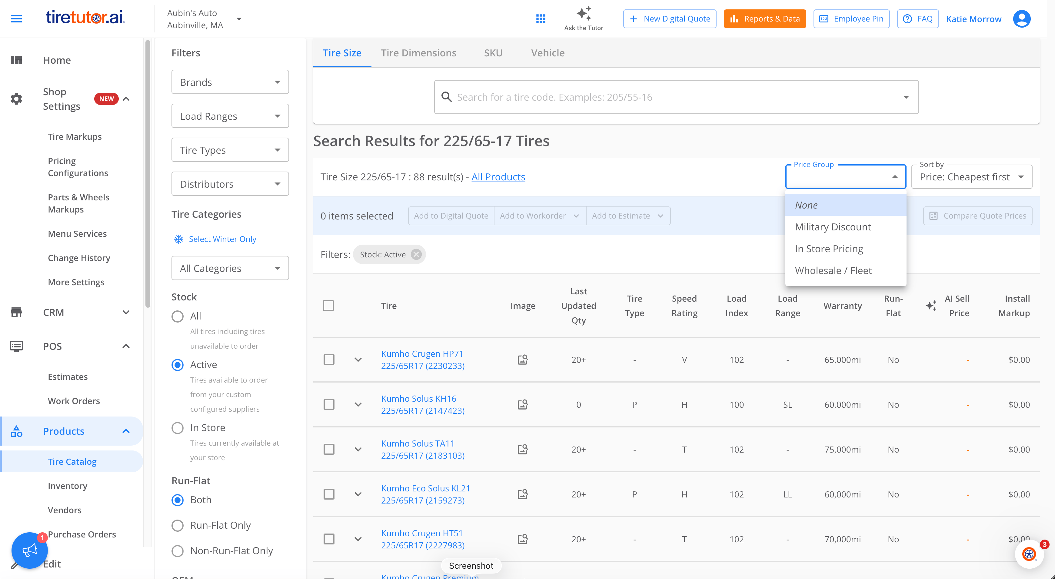 The tire catalog showing Search Results for 225/65-17 Tires with 88 results, and the Price Group dropdown open above the table. Its options are None, currently highlighted, Military Discount, In Store Pricing and Wholesale / Fleet, beside Sort by set to Price: Cheapest first. The results list Kumho Crugen HP71, Kumho Solus KH16, Kumho Solus TA11 and Kumho Eco Solus KL21 under columns that include AI Sell Price and Install Markup.