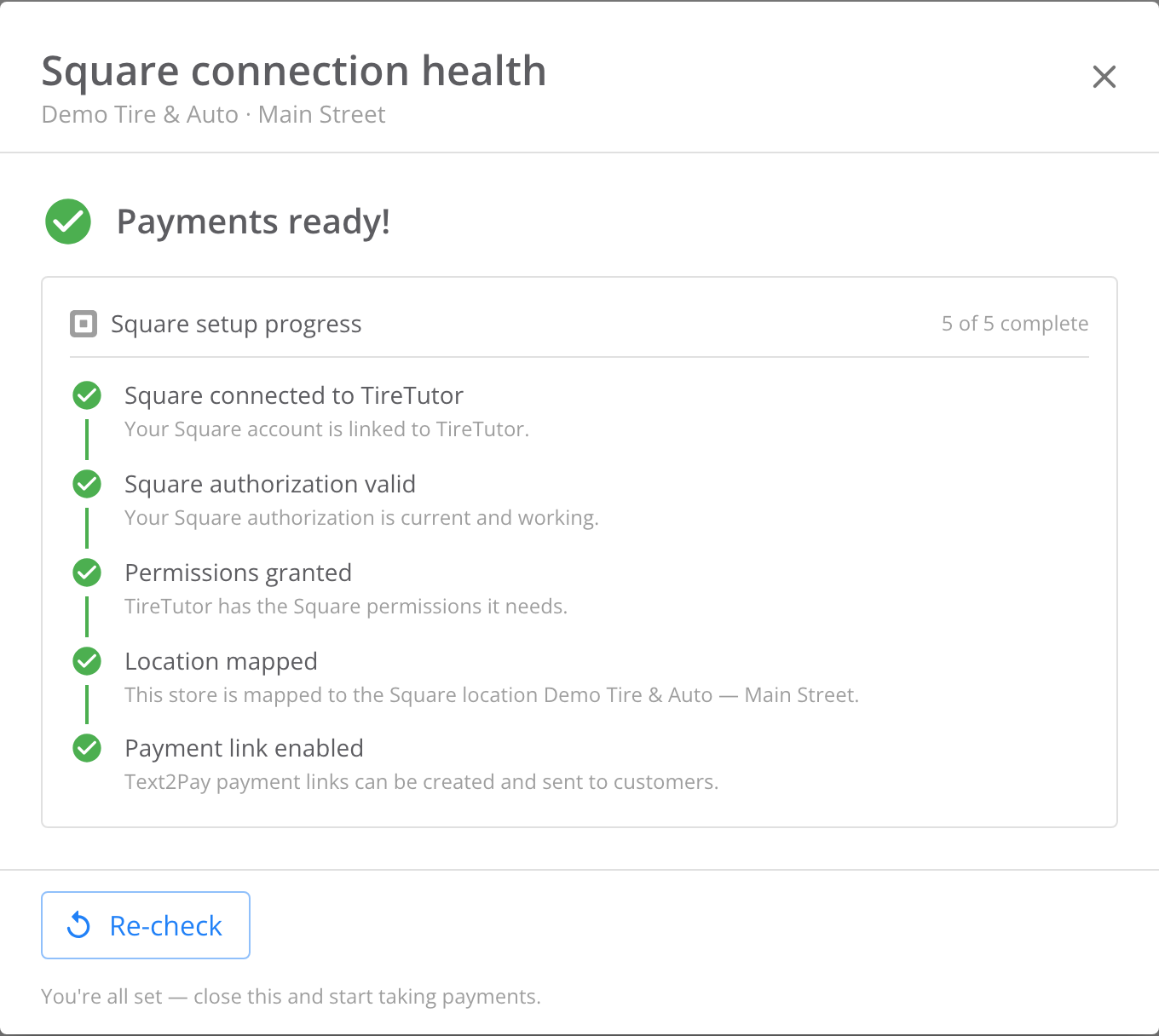 Square connection health dialog showing Payments ready!, green checks in Square setup progress, and a Re-check button.