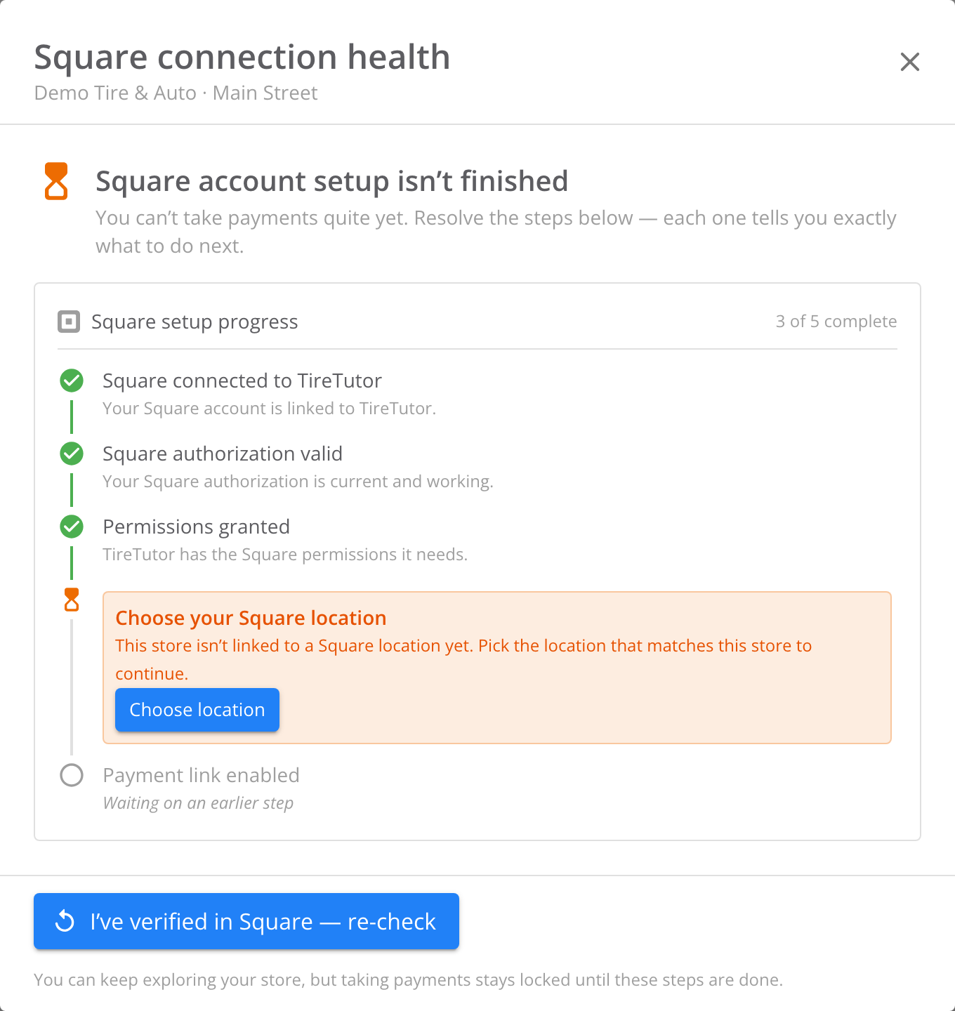 Square connection health dialog showing unfinished setup, a Choose location button, and Payment link enabled waiting on an earlier step.