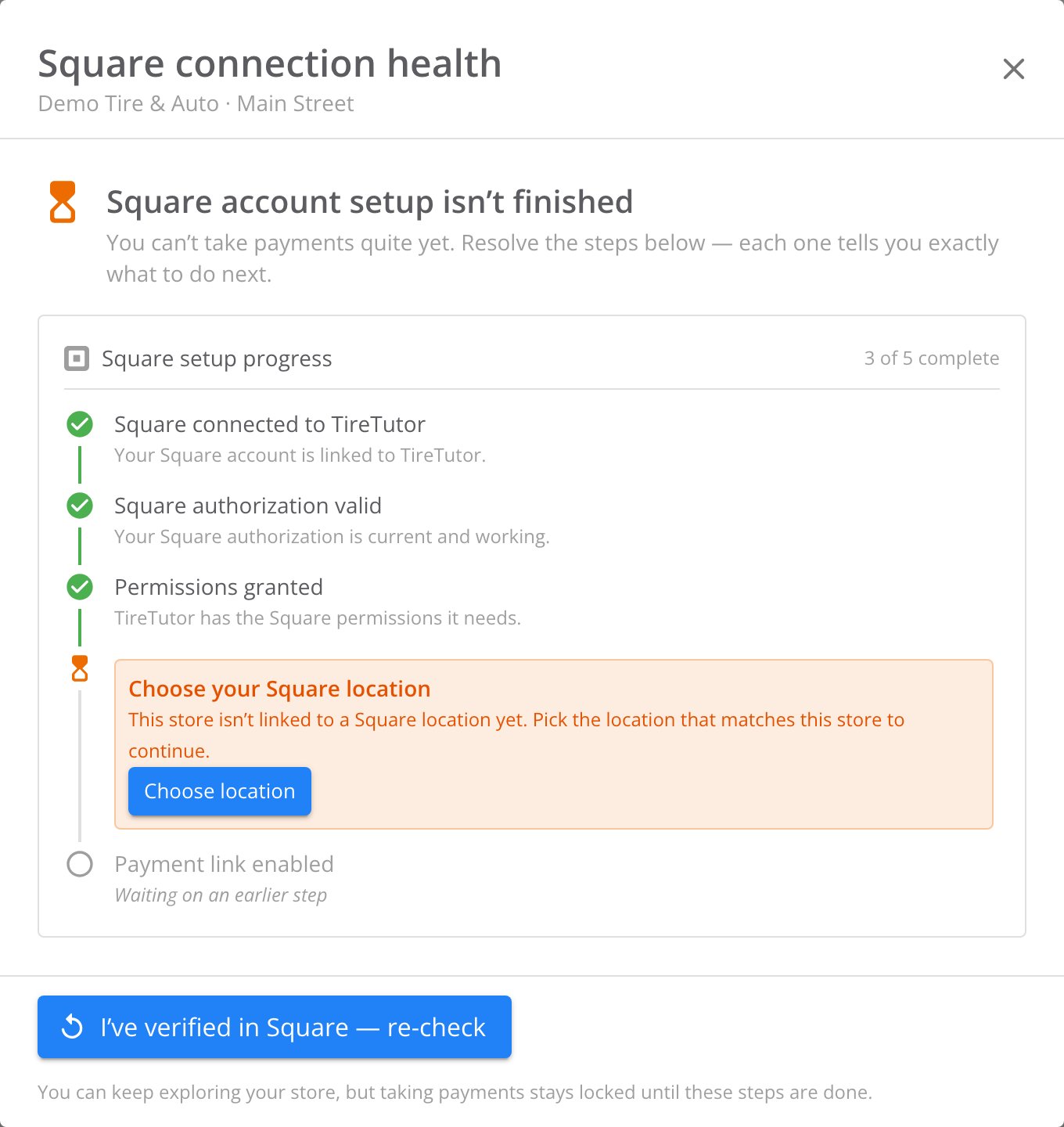 Square connection health dialog showing unfinished setup, a Choose location button, and Payment link enabled waiting on an earlier step.