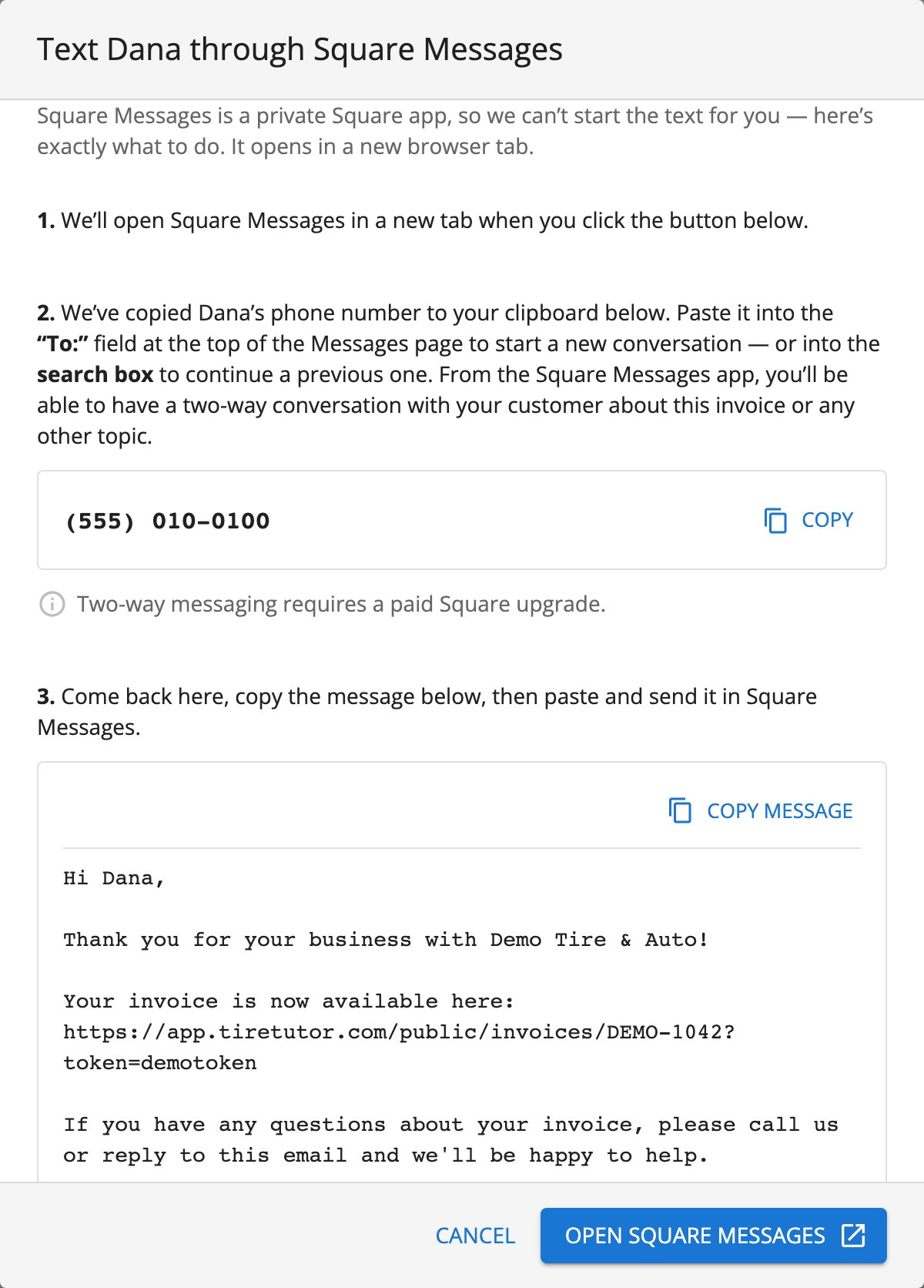 The Text Dana through Square Messages dialog with three numbered steps, a copied phone number with a Copy button, a note that two-way messaging requires a paid Square upgrade, a prepared invoice message with a Copy message button, and Cancel and Open Square Messages buttons.