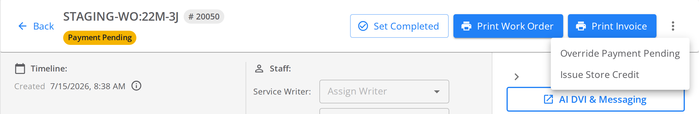 Work order header with a Payment Pending status. The More Options menu is open and lists Override Payment Pending and Issue Store Credit, with no Void Work Order.