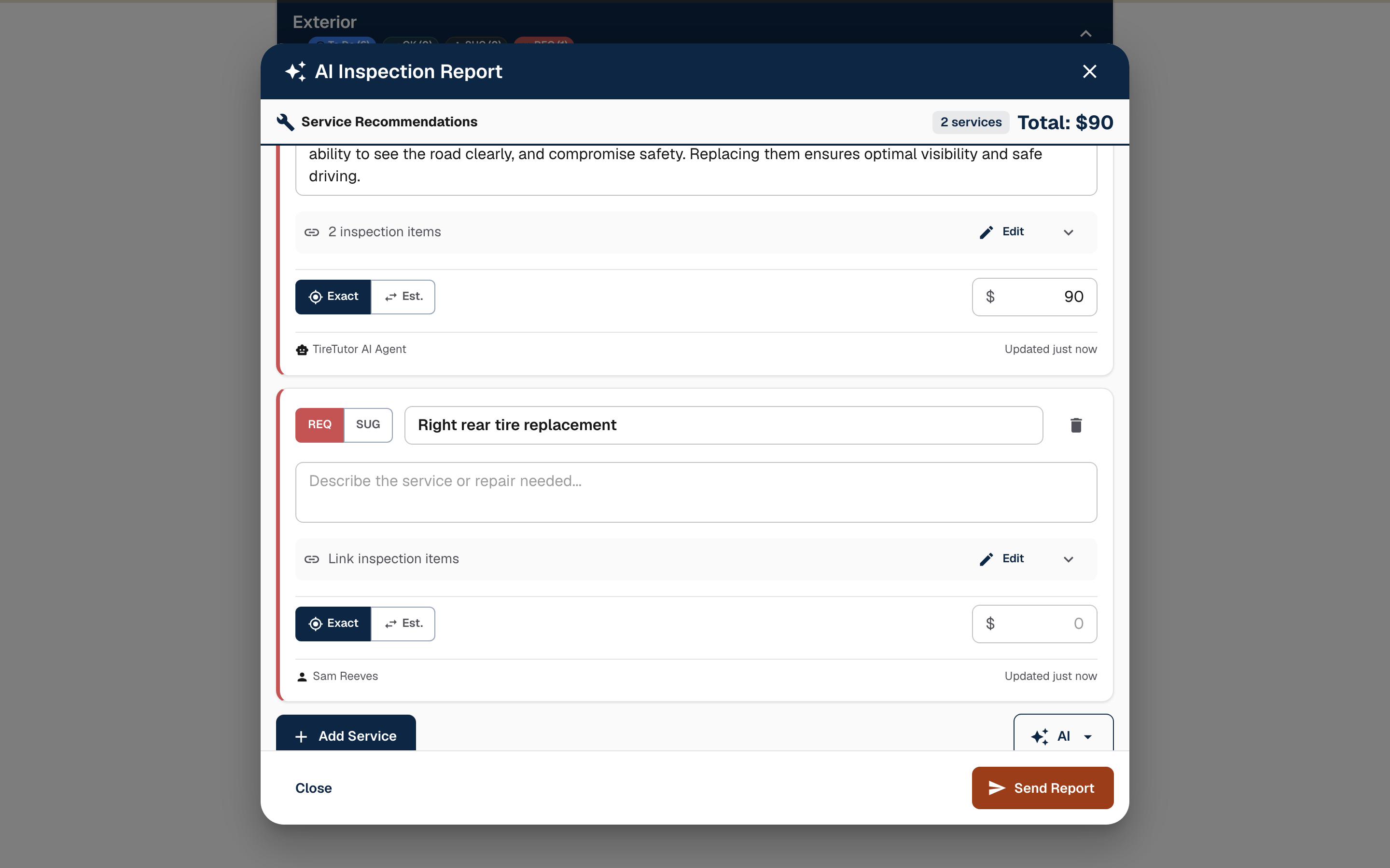 AI Inspection Report dialog. In Service Recommendations, a new card reads Right rear tire replacement with REQ selected and the price field showing only its gray placeholder. The card above it was drafted by TireTutor AI Agent.