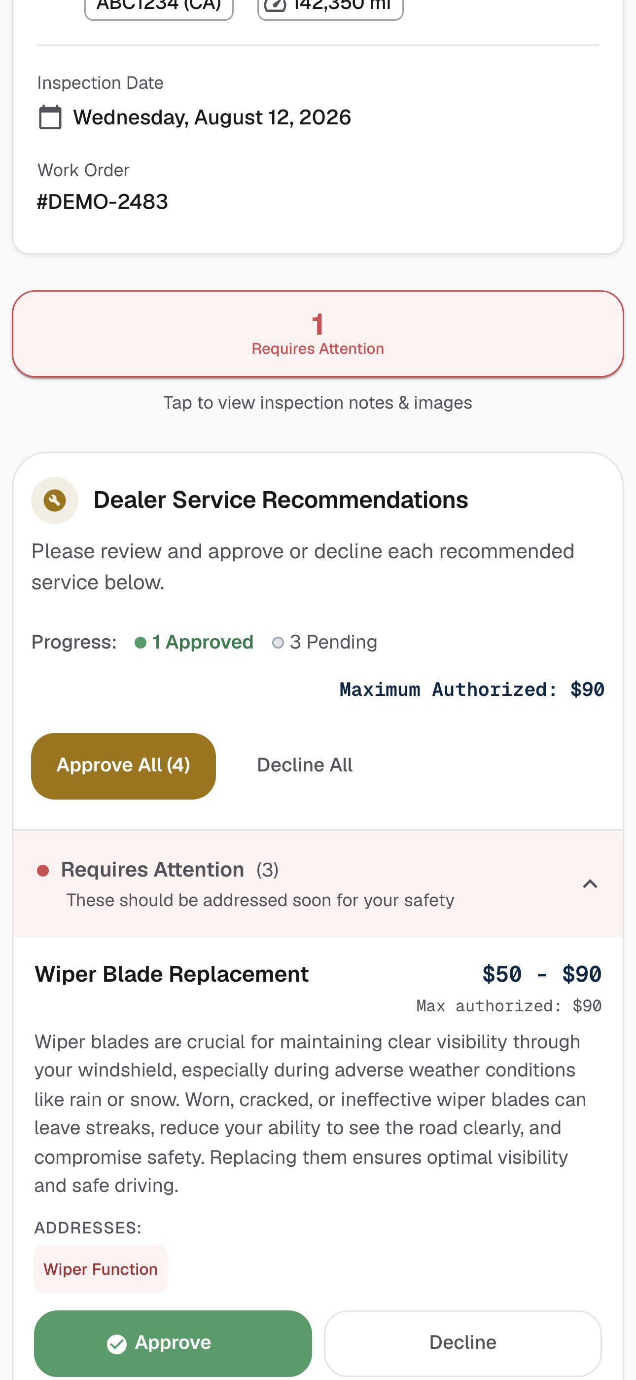 Customer report after one approval. Progress reads 1 Approved and 3 Pending, the total line reads Maximum Authorized $90, and the approved service shows a filled green Approve button.