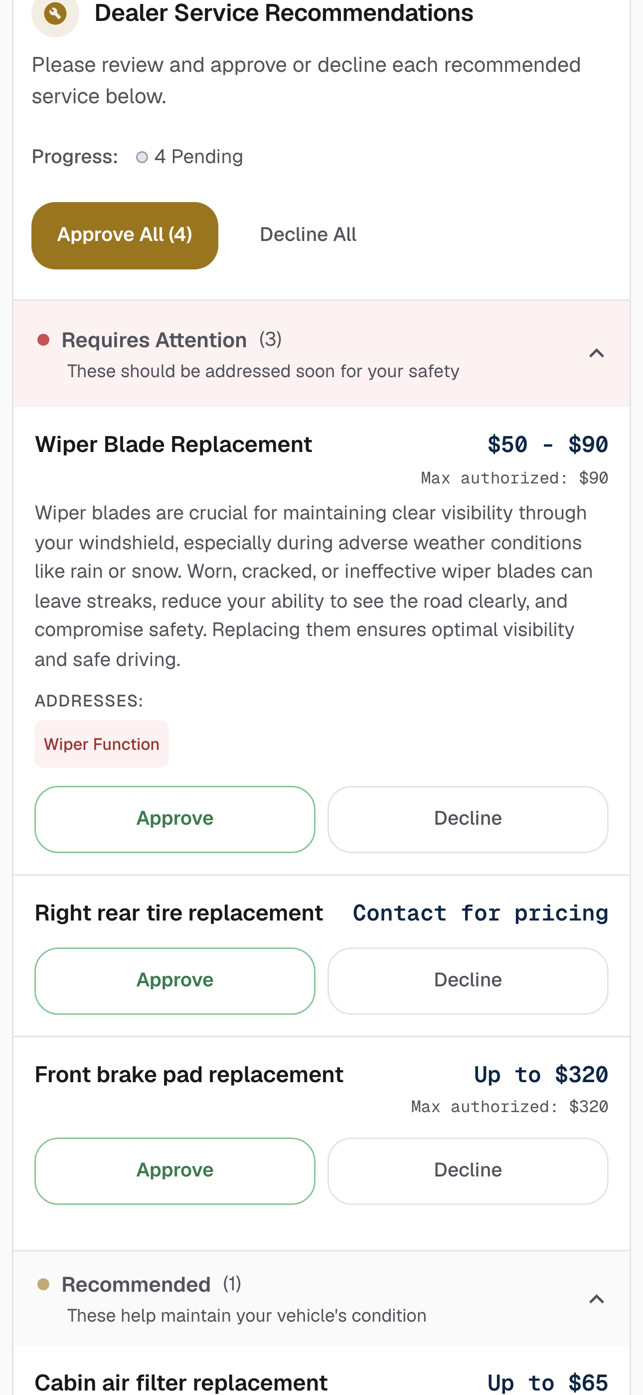 Customer report on a phone. Requires Attention holds three services, one reading Contact for pricing. Recommended holds one. Each service has an Approve and a Decline button.