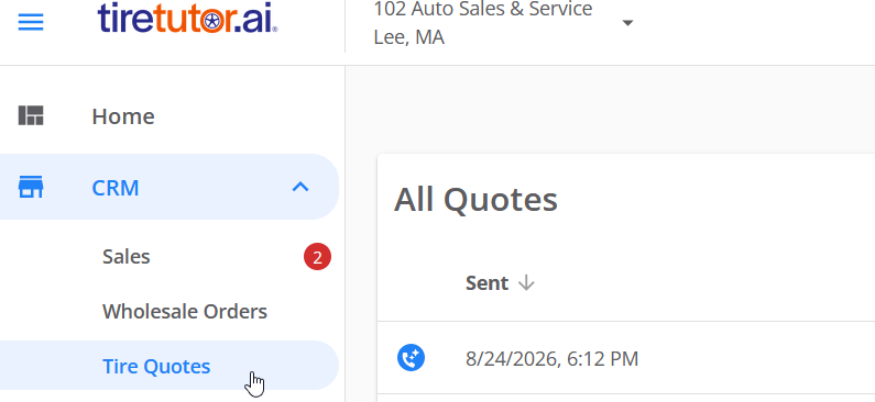 The All Quotes list with Tire Quotes selected in the CRM menu, and a blue phone-with-sparkles icon beside a quote sent 8/24/2026, 6:12 PM