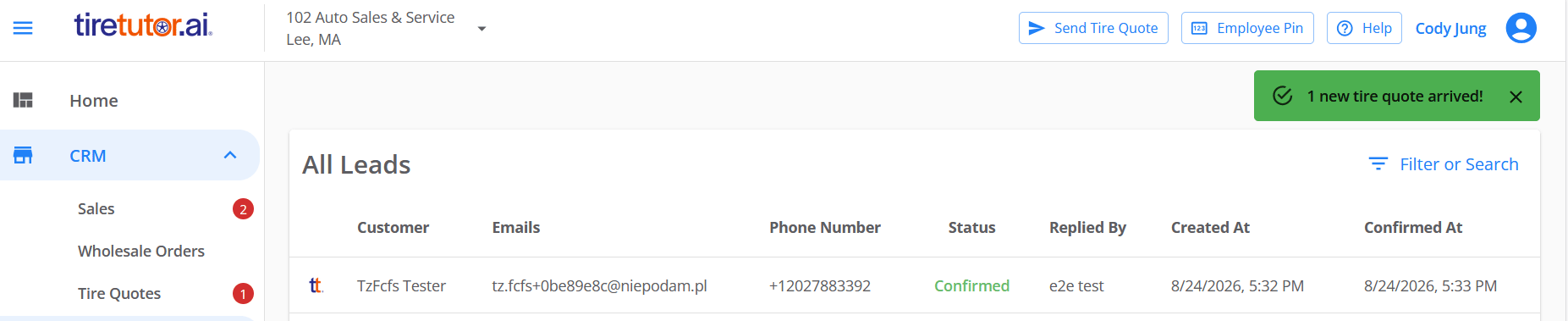 TireTutor with a green notification reading 1 new tire quote arrived! and a close control at the top right, and a red 1 on the Tire Quotes entry in the expanded CRM section of the left-hand menu