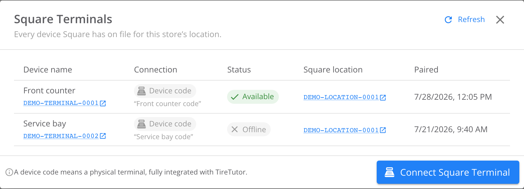 Square Terminals dialog listing two devices in a table: Front counter marked Device code and Available, and Service bay marked Device code and Offline, each with its Square location and the date it was paired.